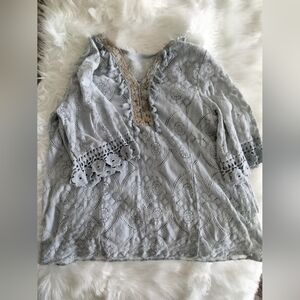 Boho Crochet Sleeve Top – Soft Blue/Grey with Golden Embroidery